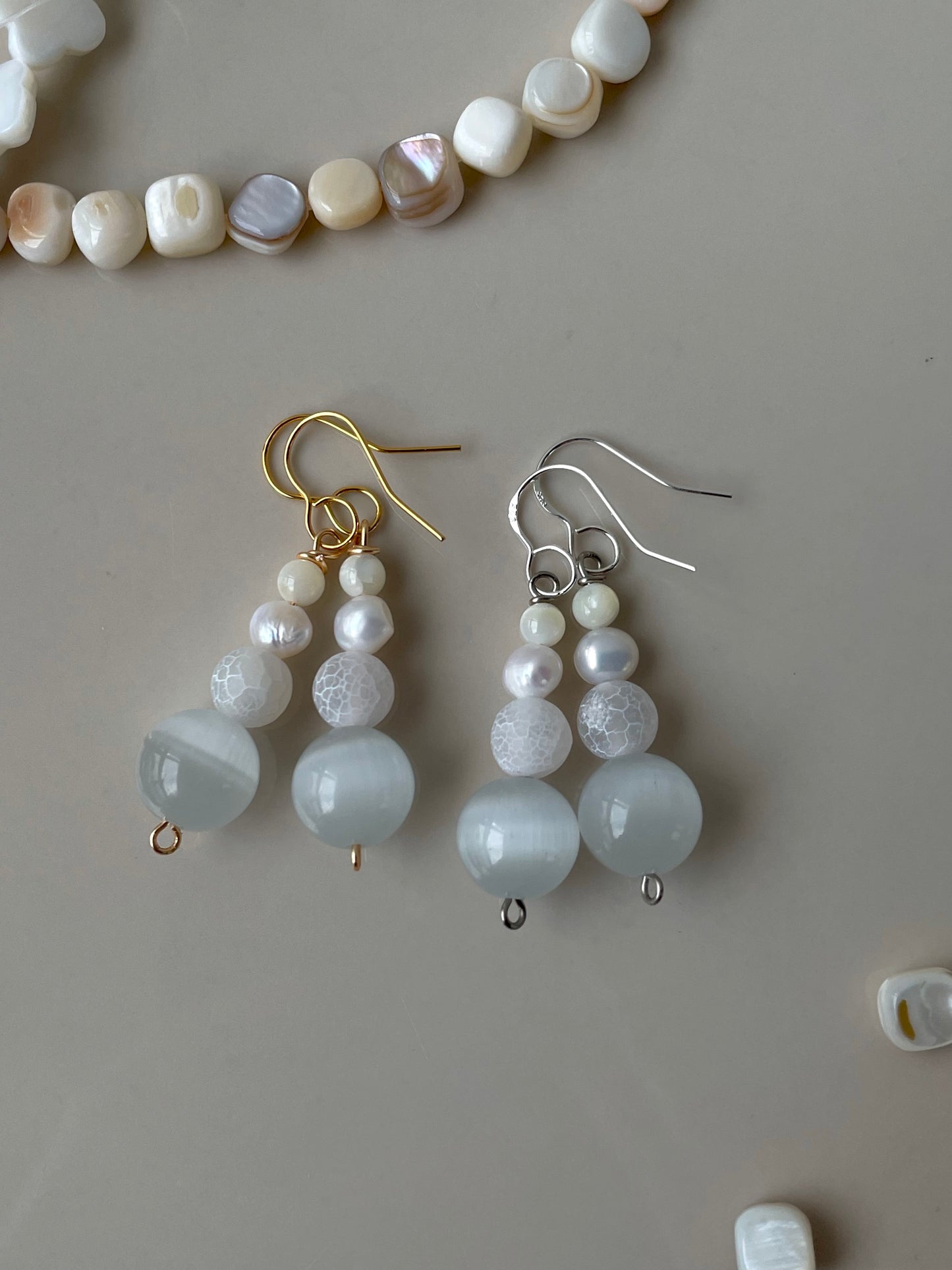 Moonstone Pearl Dangle Drop earrings, Natural pearl crystal stone, handmade in Finland