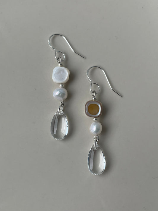 Fresh water pearl & Glass Teardrop earrings, Glass Dangle earrings Transparent Jewelry, Gift for her, handmade in Finland