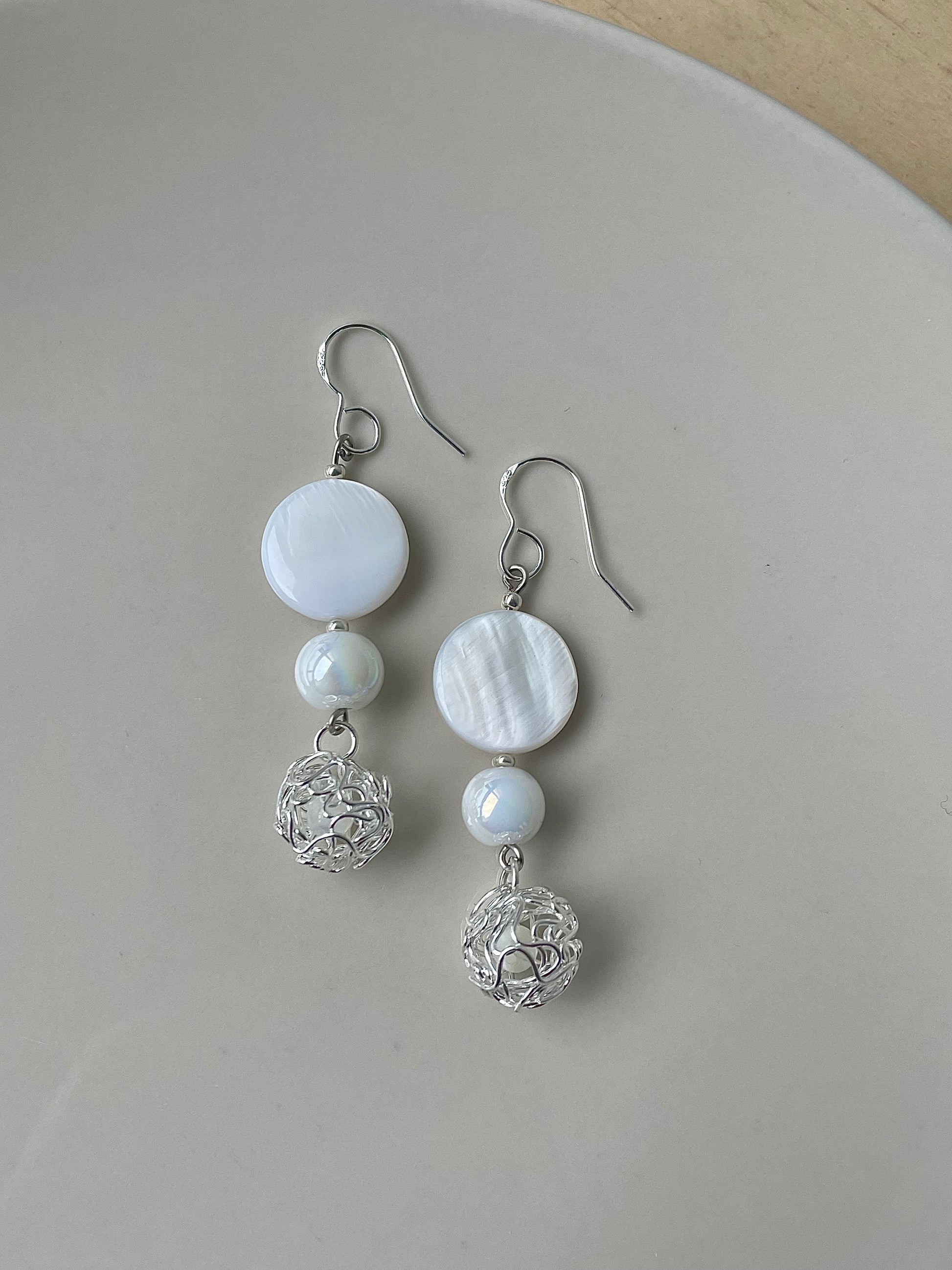 Mother of Pearl earrings with filigree Sphere, Dangle earrings Jewelry, Gift for her, 