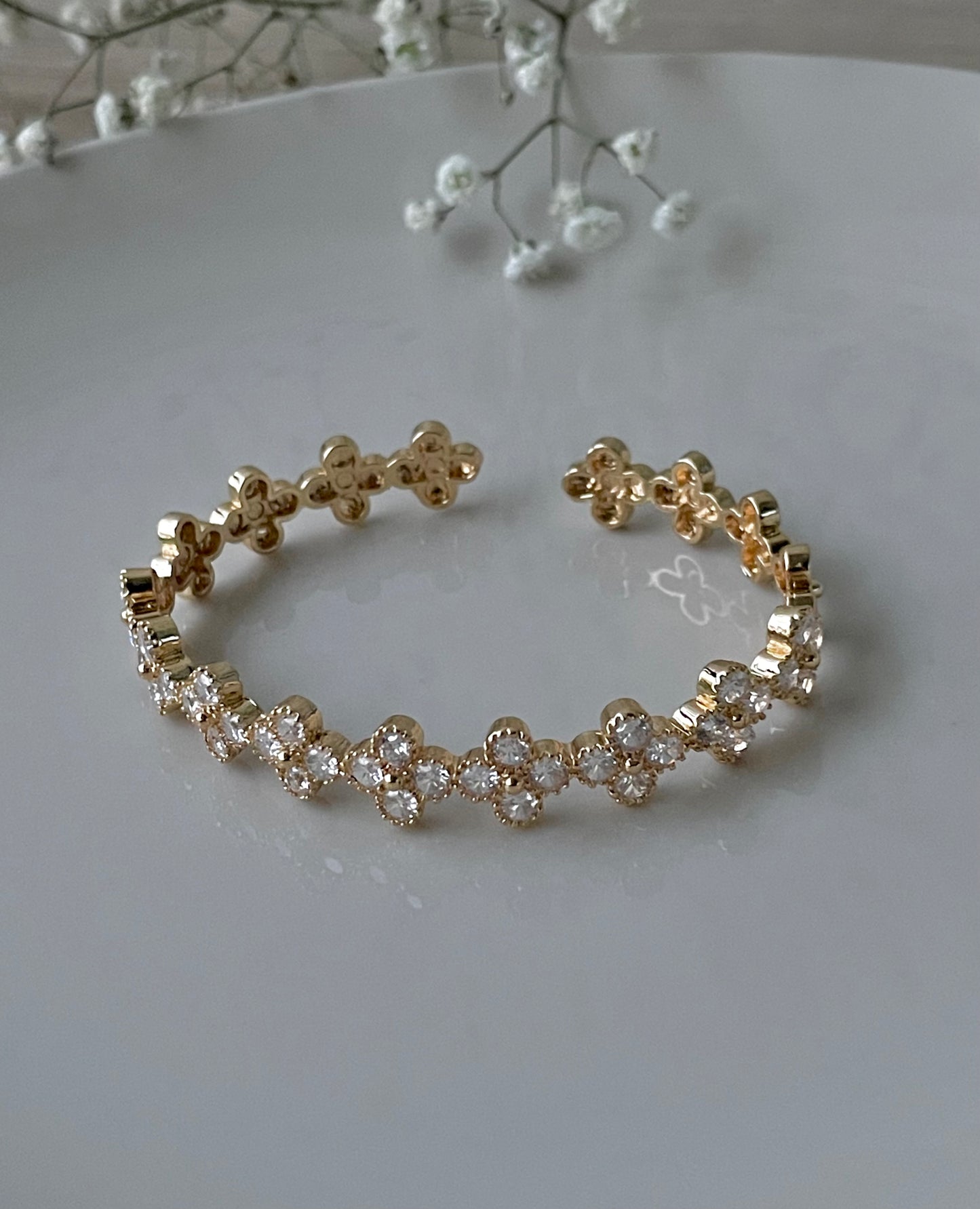 Clover bangle bracelet, gold rhinestone jewelry, 18K Gold plated diamond, stainless steel, adjustable