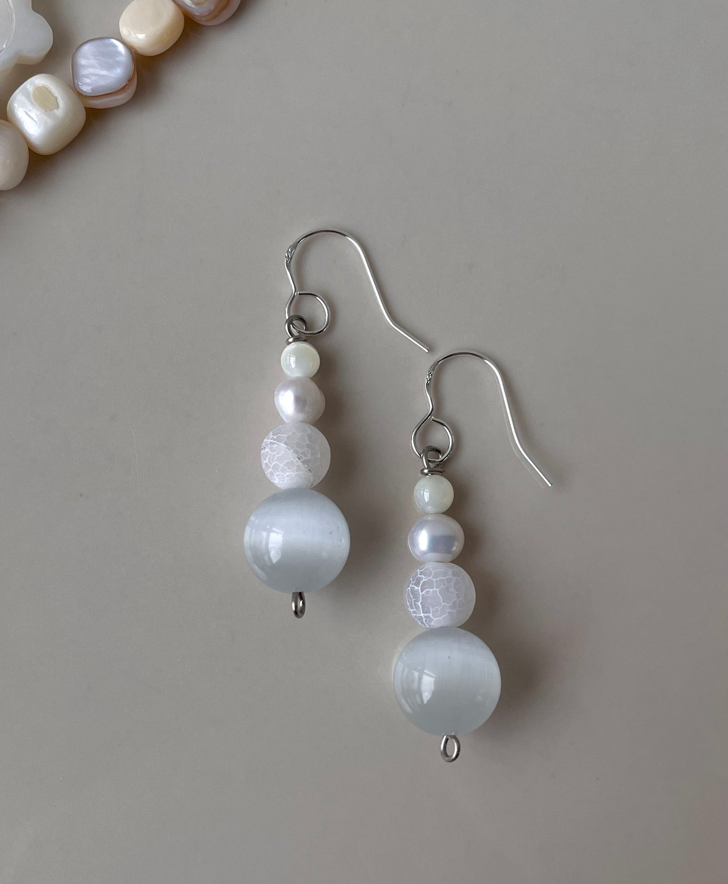 Moonstone Pearl Dangle Drop earrings, Natural pearl crystal stone, handmade in Finland