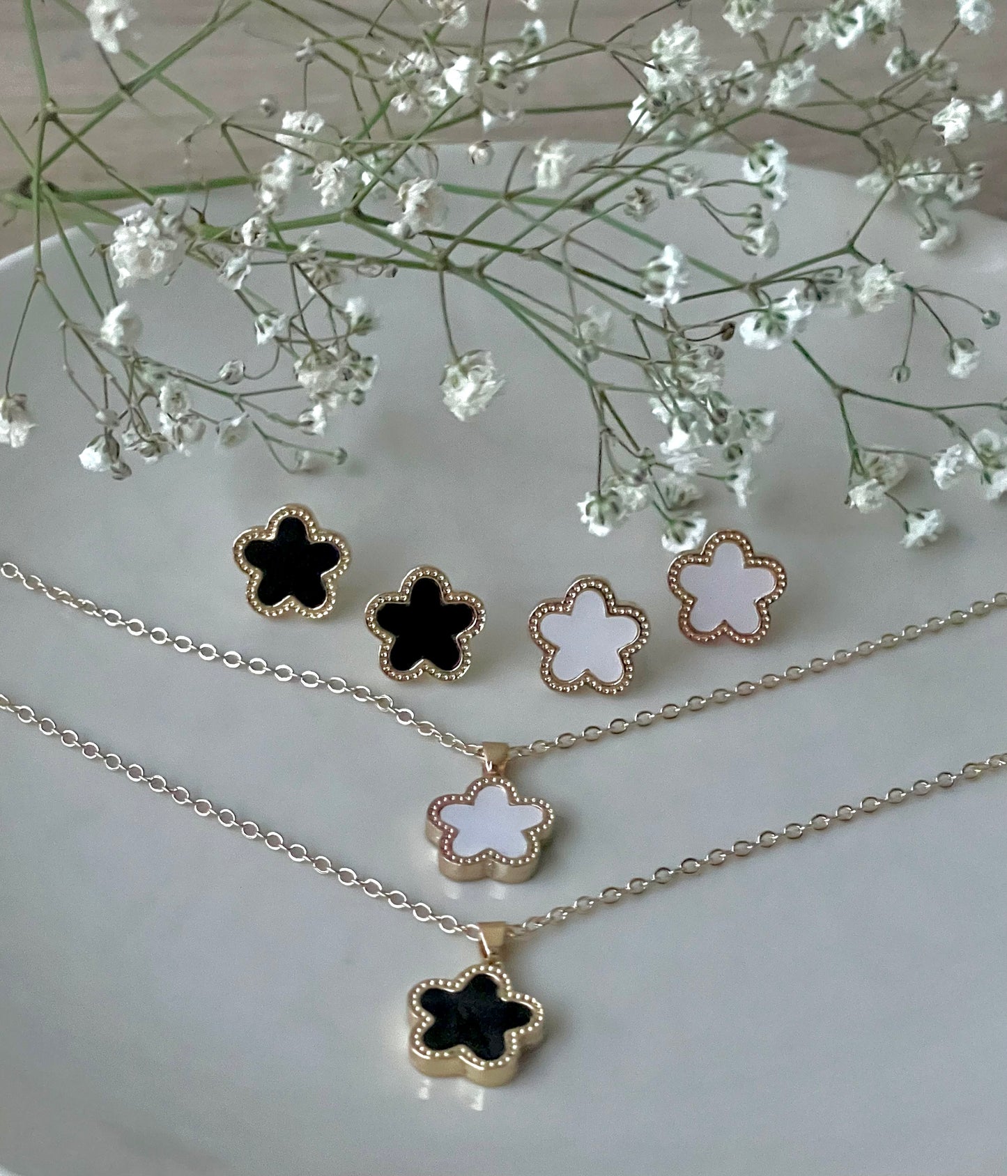 Black Clover Leaf jewelry set, stud earrings,  five clover necklace, designer jewelry, 14K Gold Plated