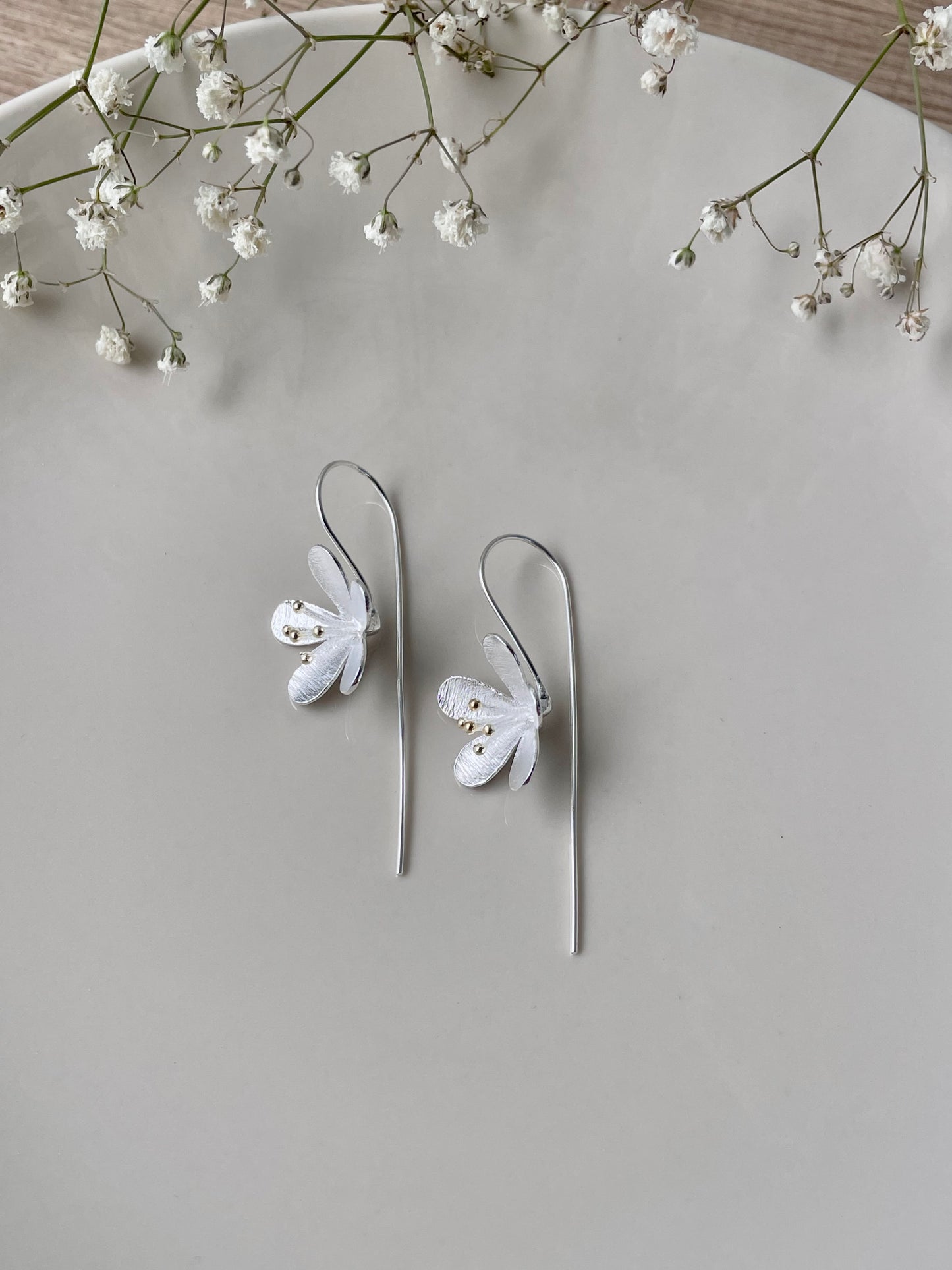 Delicate Flower earhook earrings, 925 Sterling Silver