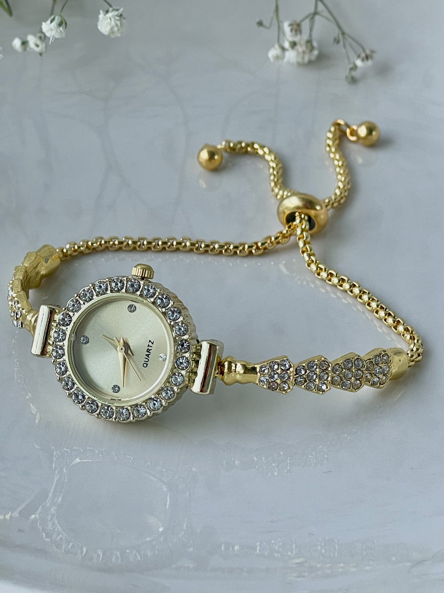 Gold Rhinestone bracelet watch, Cocktail Watch, adjustable luxury bolo bracelet, Quartz watch, stainless steel