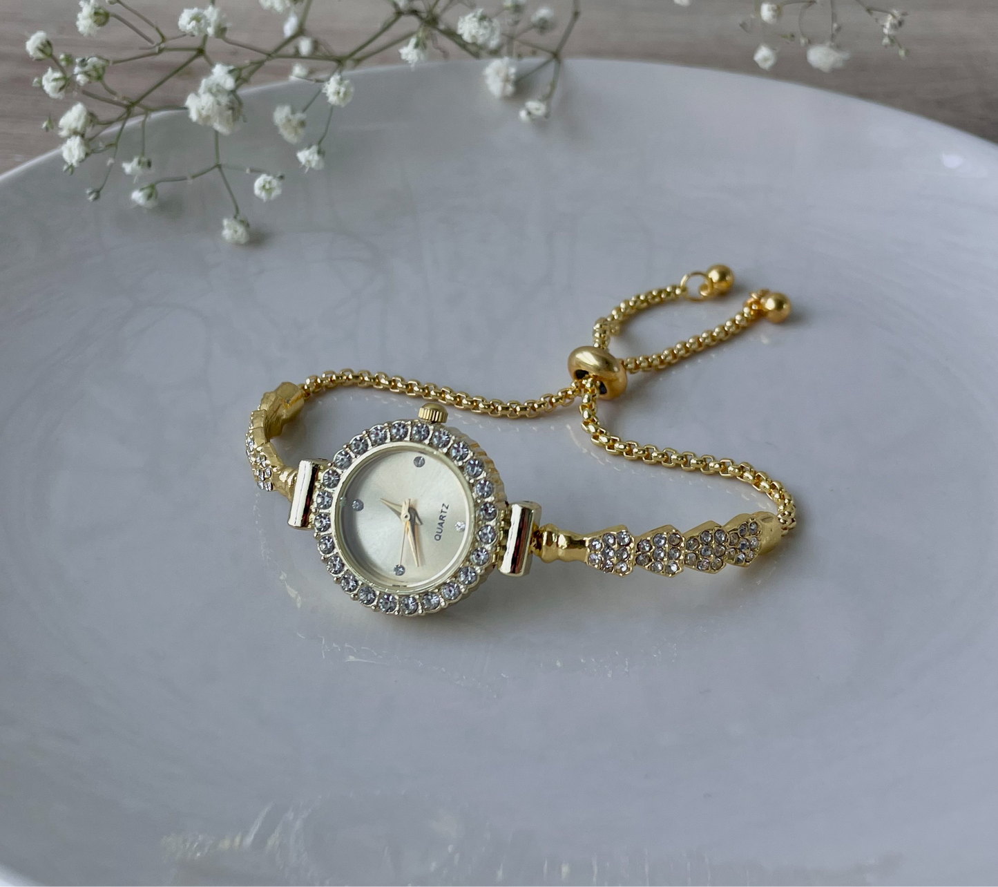 Gold Rhinestone bracelet watch, Cocktail Watch, adjustable luxury bolo bracelet, Quartz watch, stainless steel