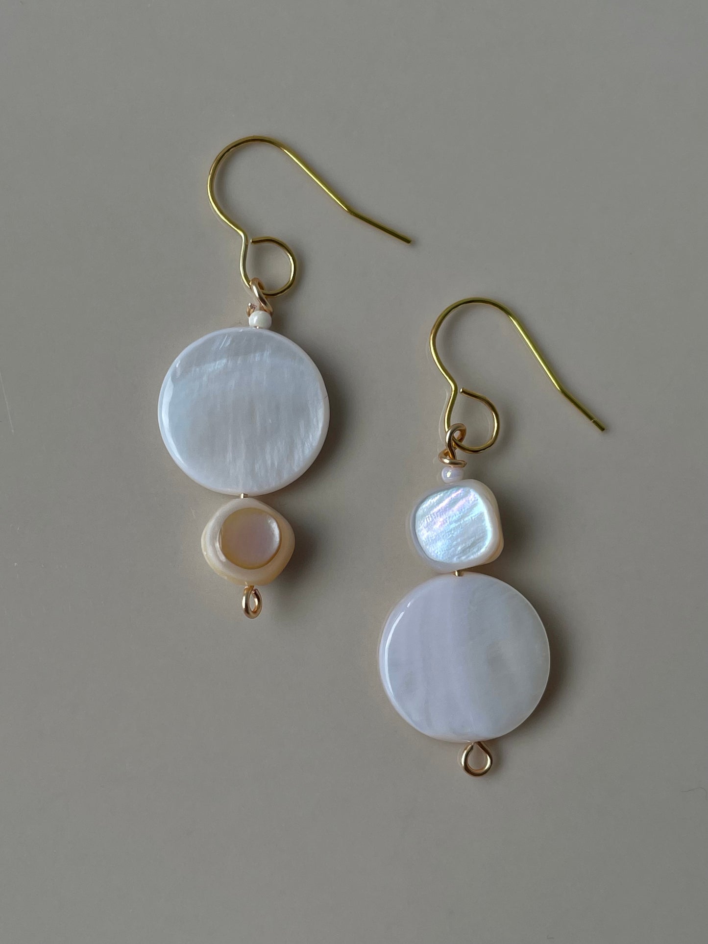 Mismatched Shell Beads Pearl Drop earrings, elegant jewelry, mother-of-pearl beads