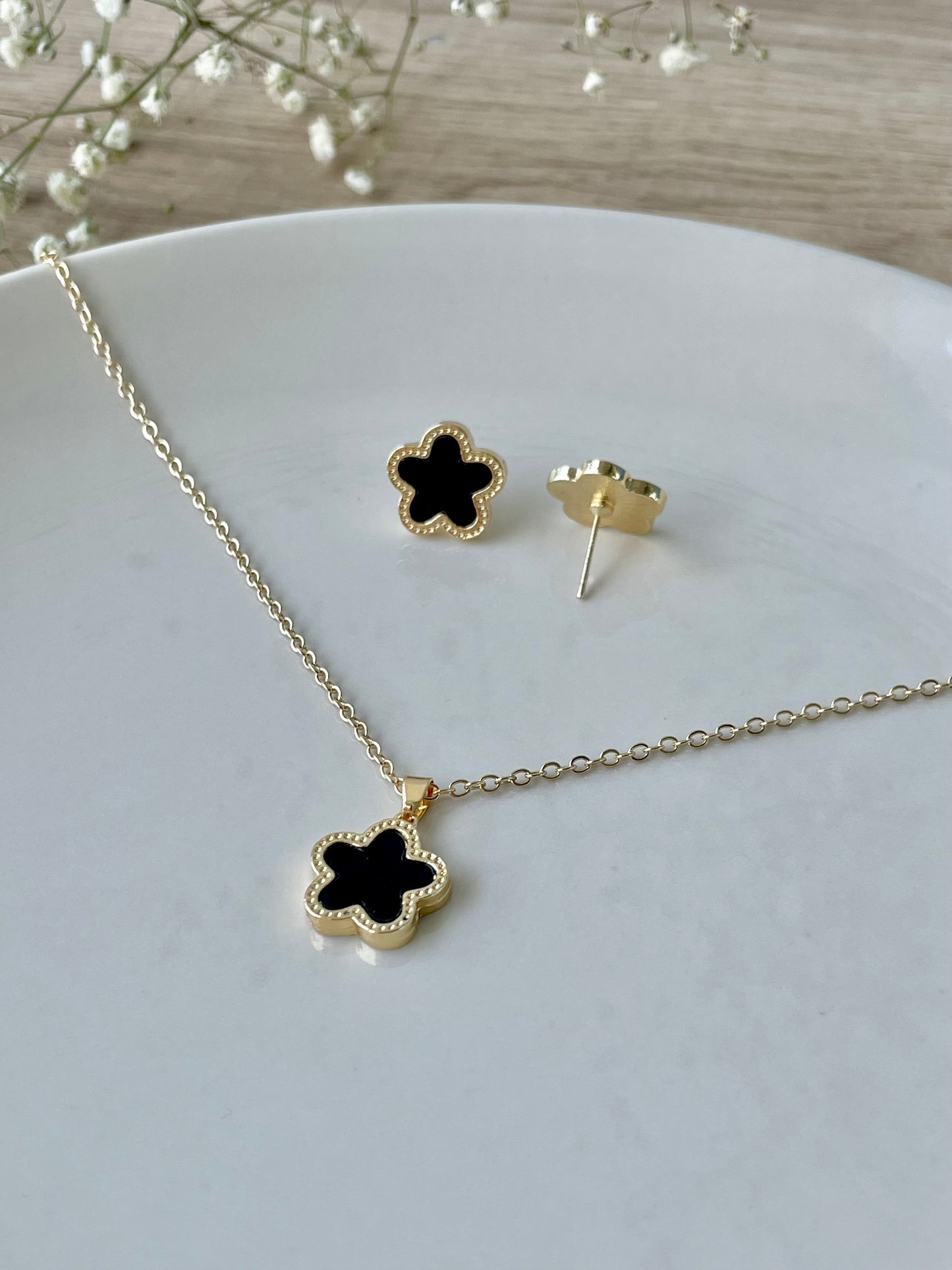 Black Clover Leaf jewelry set, stud earrings,  five clover necklace, designer jewelry, 14K Gold Plated