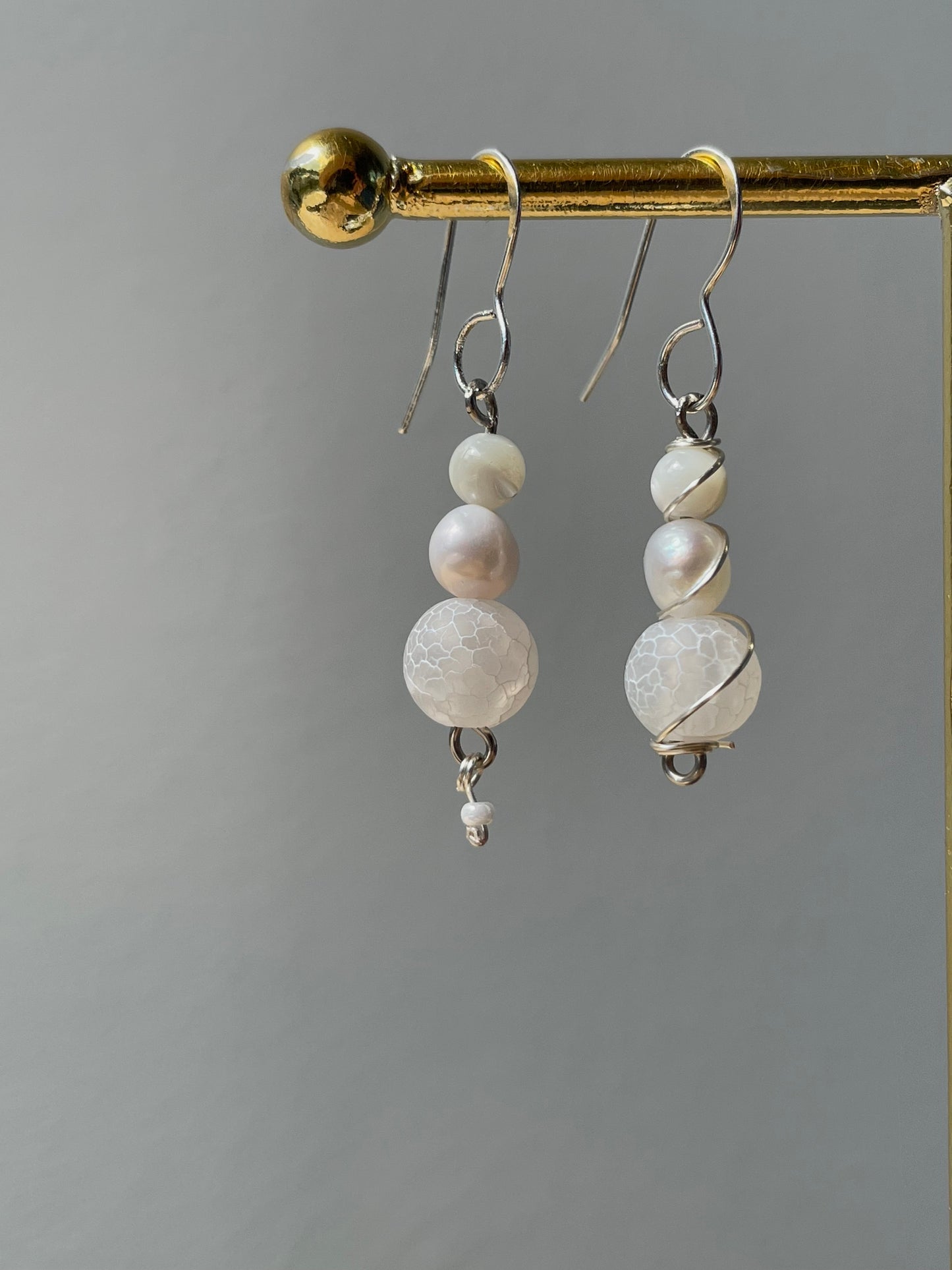 Mismatched Frosted Gemstone Pearl Dangle Drop earrings, crystal stone, wire wrapped jewelry