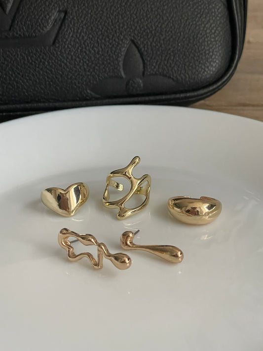 3x Rings + Earrings, Gold liquid metal jewelry set, Irregular unique design Y2K stacking rings, geometric accessories, liquid metal jewelry earrings