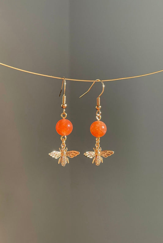 Gold Honey Bee Drop earrings, Crystal Dangle Earrings, Bee jewelry