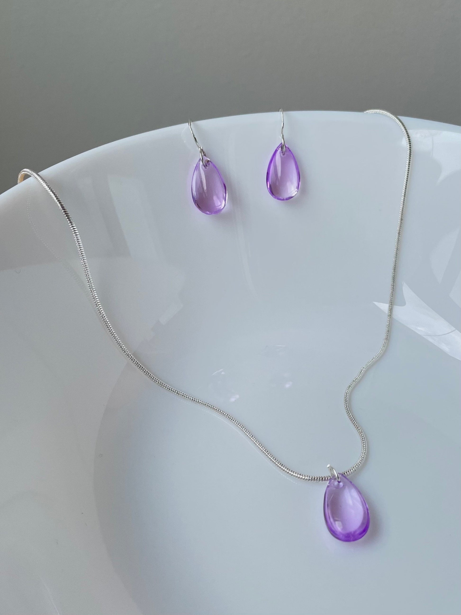 Purple Glass Teardrop Jewelry Set, Glass earrings and Necklace, transparent jewelry, glass beaded set, Mother's Day Gifts, waterdrop, drop earrings, Bridal Jewelry set, Crystal Jewelry set