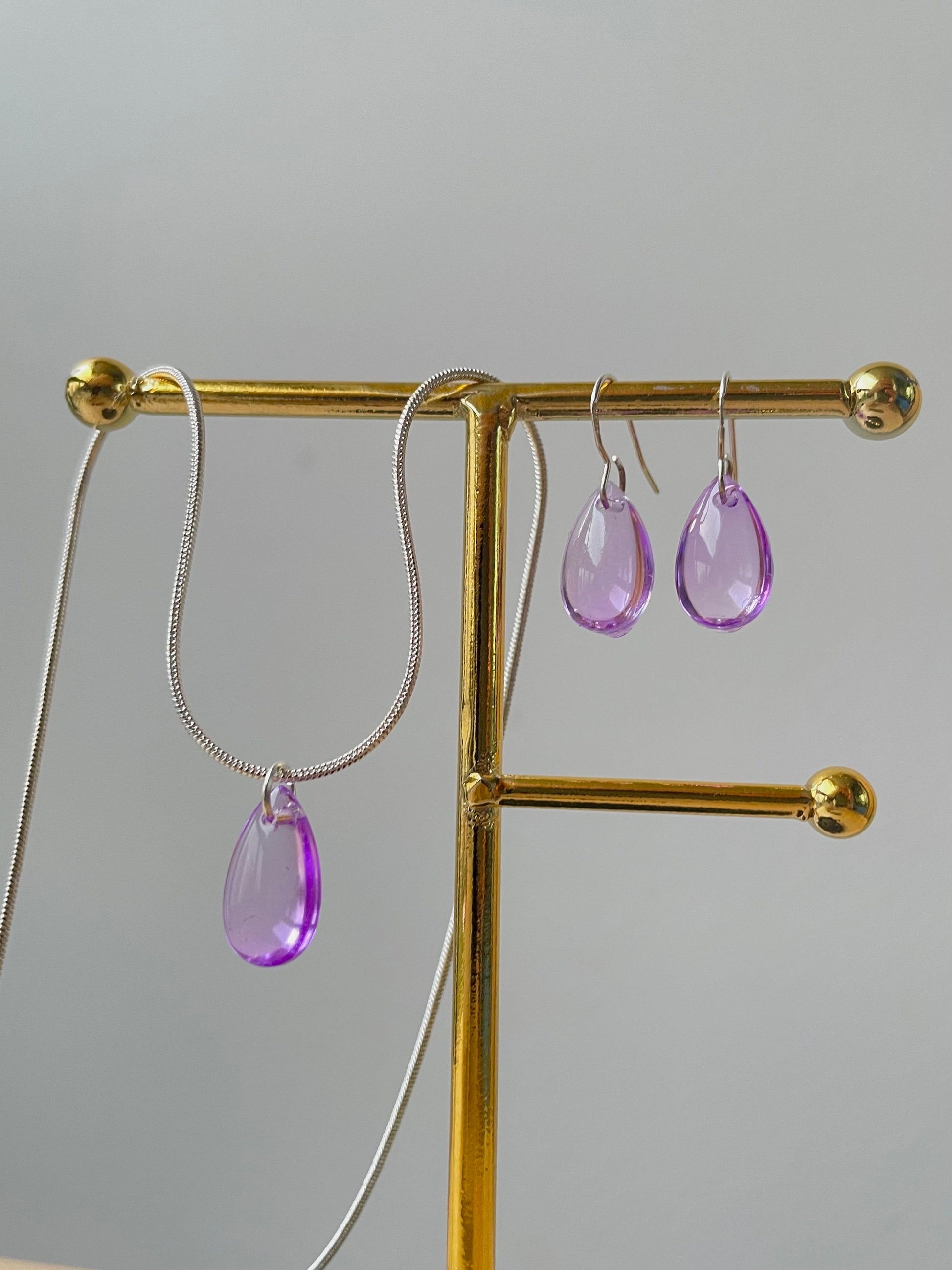 Purple Glass Teardrop Jewelry Set, Glass earrings and Necklace, transparent jewelry, glass beaded set, Mother's Day Gifts, waterdrop, drop earrings, Bridal Jewelry set, Crystal Jewelry set