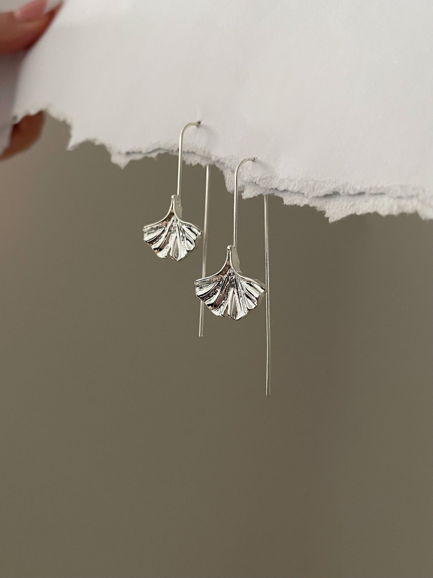 Silver Ginkgo Leaf earrings, Dangle Drop Flower earrings, Silver earhook earrings 