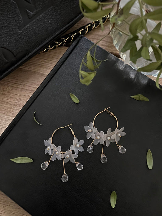 Gold Flower Lever Back Hoops, White Flowers, Glass Tear Drop earrings