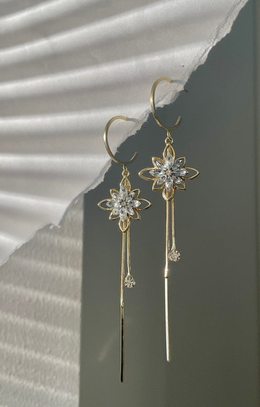 Gold Sparkling Flower tassel earrings, Long Dangle Gold Star Drops, Hoops with dangling diamonds, Diamond flower 