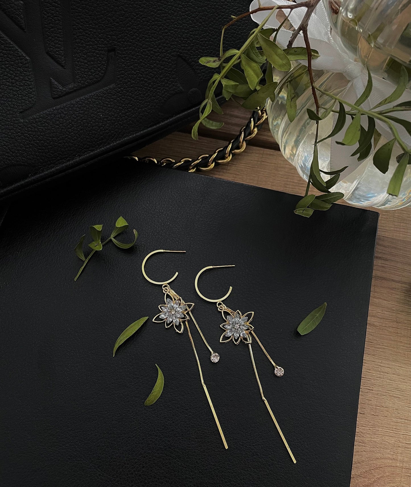 Gold Sparkling Flower tassel earrings, Long Dangle Gold Star Drops, Hoops with dangling diamonds, Diamond flower 