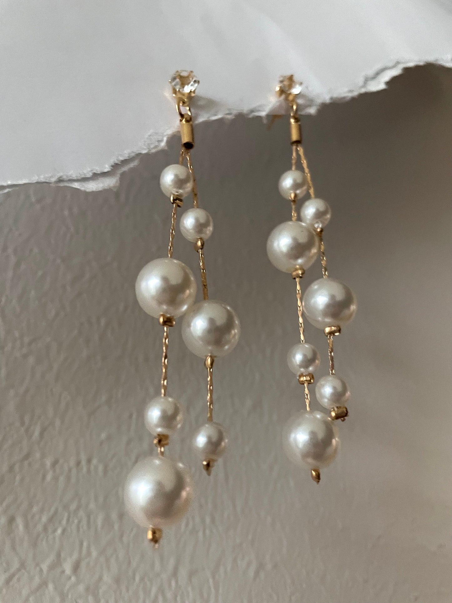 Gold Pearl Drops, Long Imitation Pearl earrings, Bridal Pearl drops, Chain tassel earrings, small diamond 