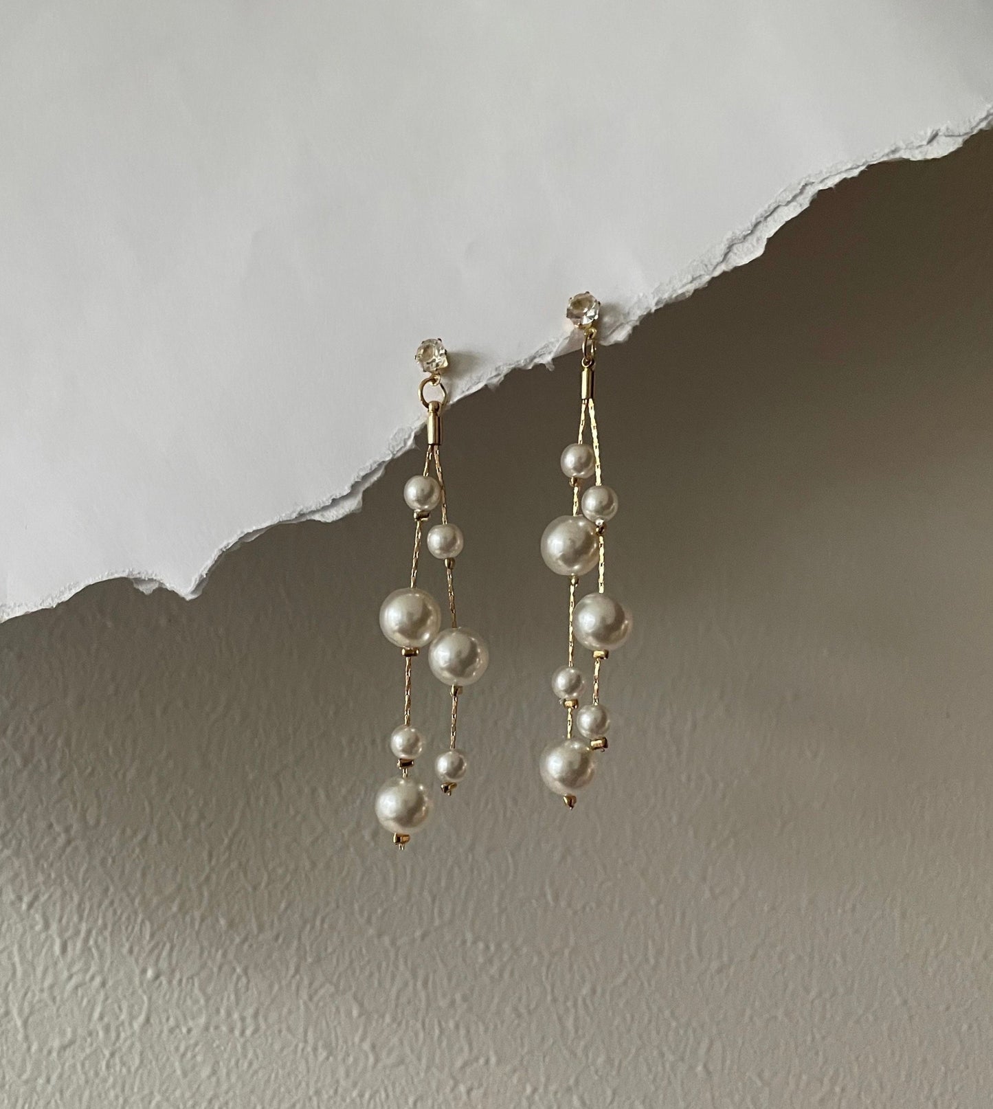 Gold Pearl Drops, Long Imitation Pearl earrings, Bridal Pearl drops, Chain tassel earrings, small diamond 