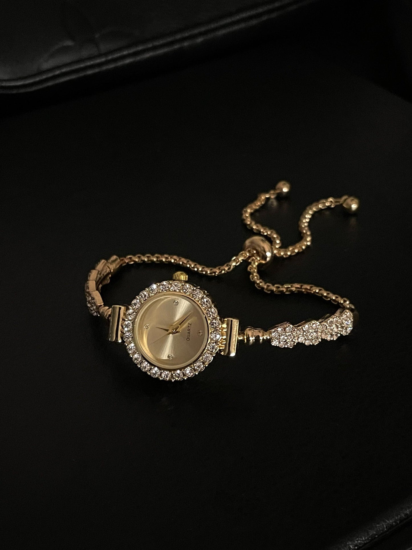 Gold Rhinestone bracelet watch, adjustable luxury bracelet, Quartz watch, stainless steel 