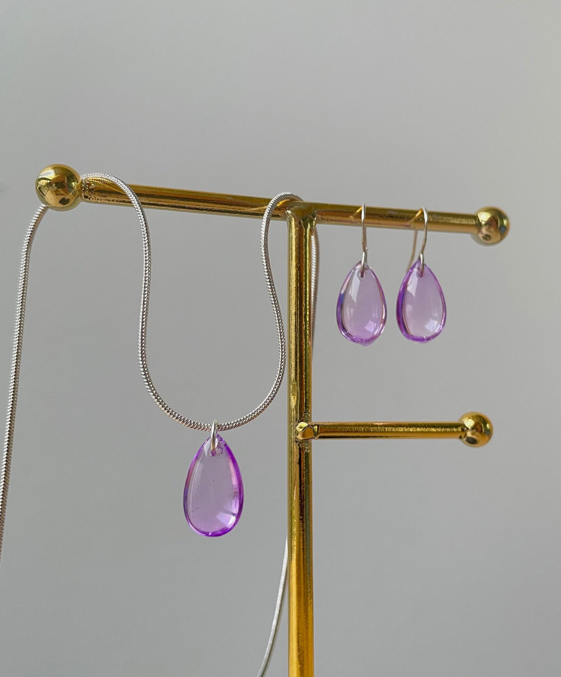 Purple Glass Teardrop Jewelry Set, Glass earrings and Necklace, transparent jewelry, glass beaded set, Mother's Day Gifts, waterdrop, drop earrings, Bridal Jewelry set, Crystal Jewelry set