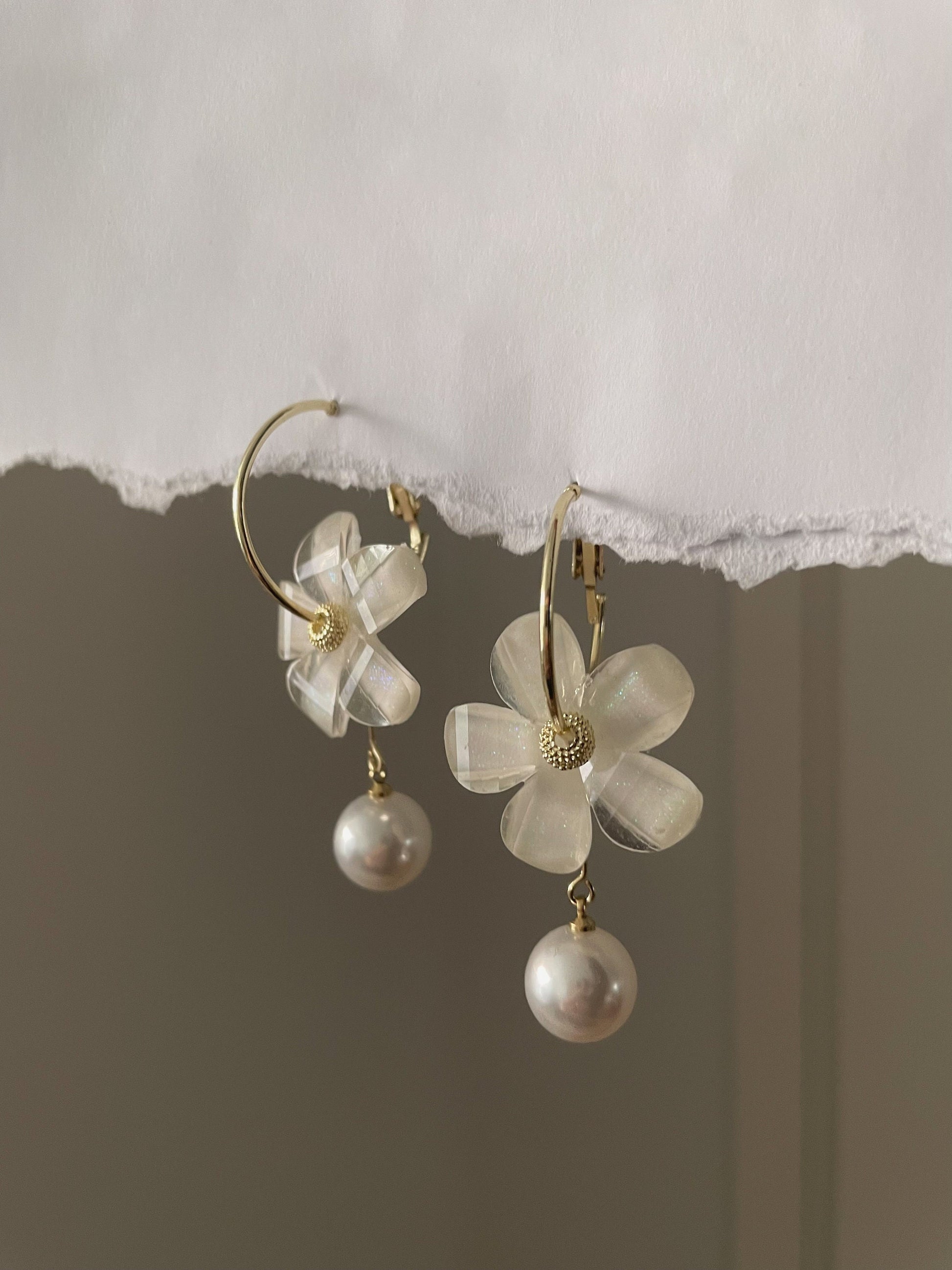 Gold Resin Flower hoops, 14K Gold Plated Imitation pearl drop earrings